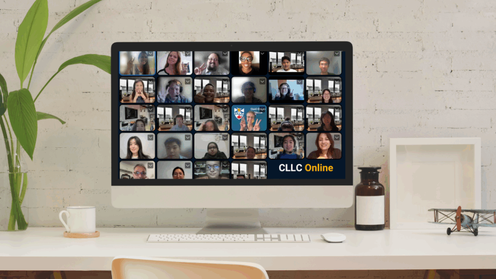International students practicing English conversation in a live online class